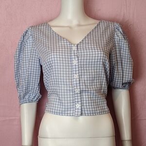 Daisy Street Dolls Kill Blue and White Gingham Tie Back Button Up Crop Top
